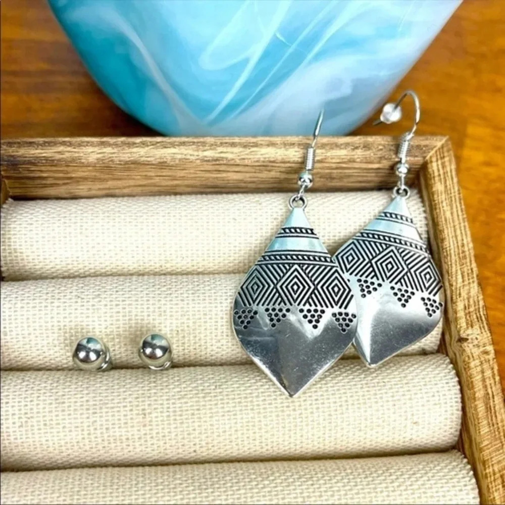 Boho Aztec Silver Earrings Set | Tribal Statement Dangle + Studs